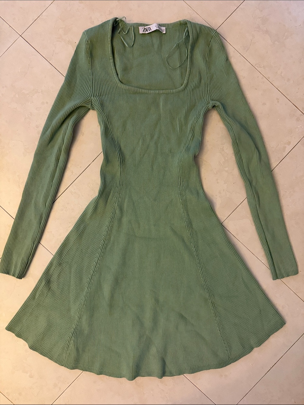Zara Sage Green Ribbed Long-Sleeve Fit-and-Flare Dress